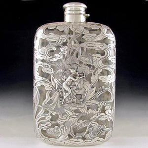 Antique Art Nouveau GORHAM Sterling Silver Overlay Flask, Figural Lady & Cherub