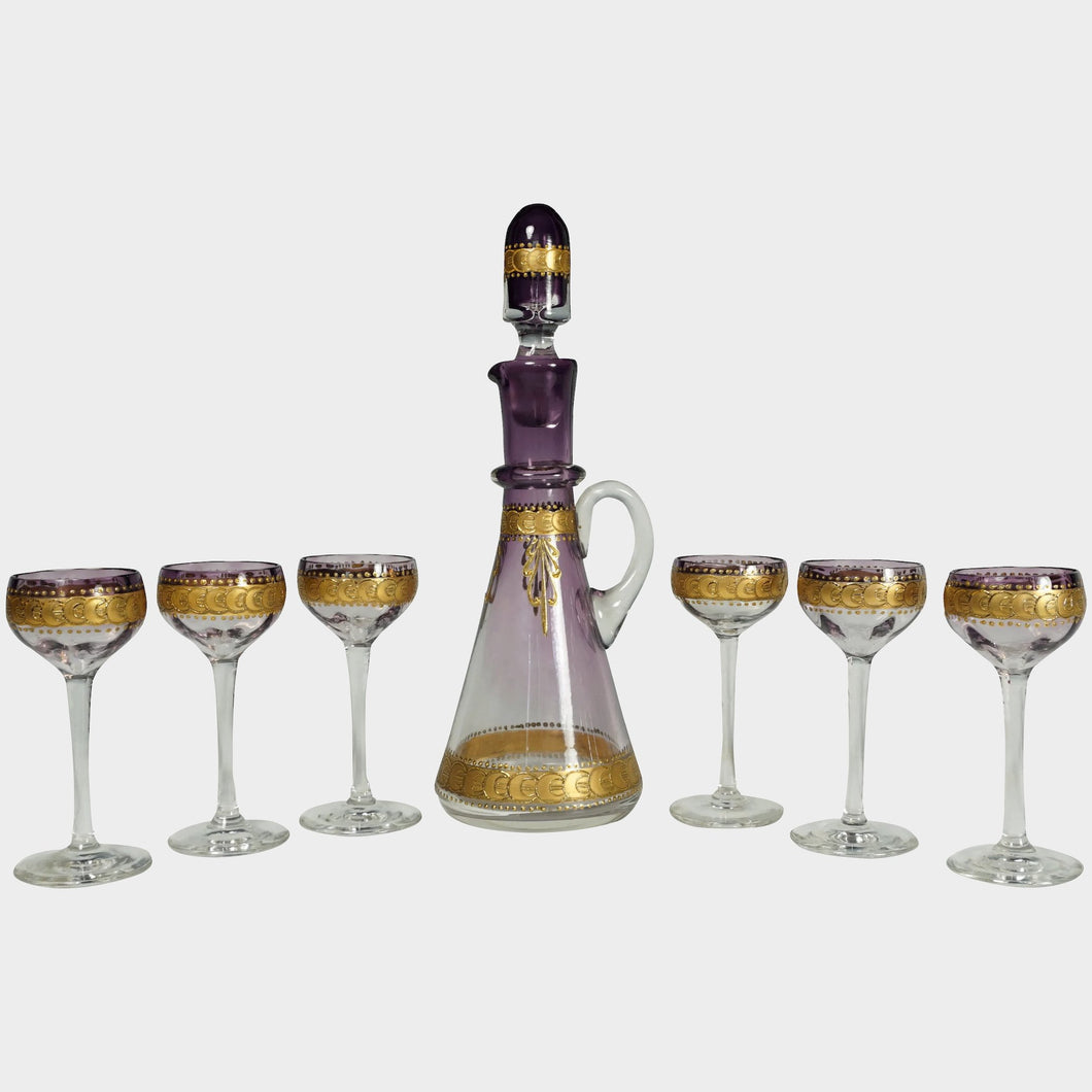 Antique Bohemian Purple Glass Raised Gold Enamel Liquor Service, Decanter & Cordial Glasses Set
