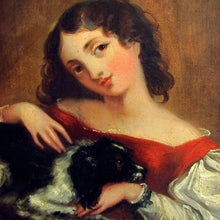 Load image into Gallery viewer, Antique English 19c Oil Painting, Lady &amp; Dog, King Charles Spaniel
