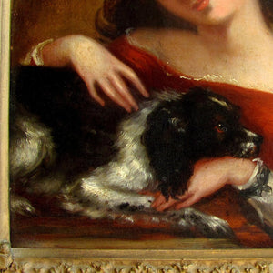 Antique English 19c Oil Painting, Lady & Dog, King Charles Spaniel