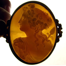 Load image into Gallery viewer, back-lit lighted dark detail hand carved shell cameo brooch carving Victorian 
