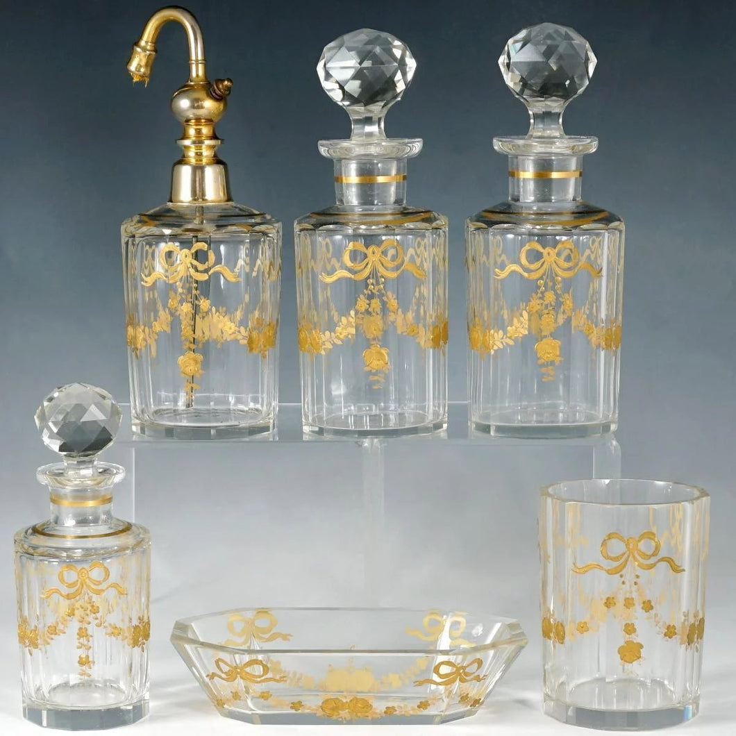 Antique French Baccarat Perfume Bottle Vanity Set Cut Glass Raised Gold Enamel