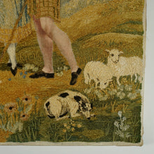 Load image into Gallery viewer, Antique French Chenille Embroidery Painted Silk Panel, Silkwork Embroidered Needlework Sampler, Pastoral Scene of Woman &amp; Man in Kilt
