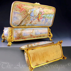 Antique French Enamel on Copper Gilt Bronze Ormolu Jewelry Casket Box