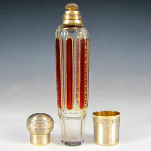 Antique French Sterling Silver Flask Cut to Clear Glass Ruby Panels