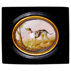 Rare Antique French Hand Painted Miniature Portrait Painting of a Hound Dog