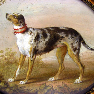 Rare Antique French Hand Painted Miniature Portrait Painting of a Hound Dog
