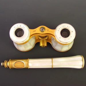 Antique French Lemaire Paris Mother of Pearl Opera Glasses with Extending Lorgnette Handle