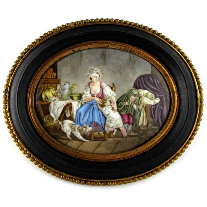 Antique enamel portrait depicting a mother and her children