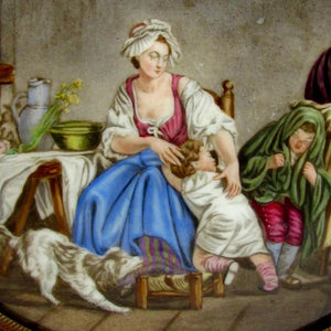 Close up image of mother and her children, 19th century enamel on copper plaque