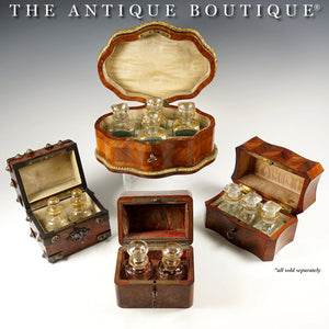 Antique French Perfume Caddy, Signed Alphonse Giroux Paris, Kingwood Box, Gilt Bronze & Hand Painted Porcelain Plaque, Baccarat Bottles