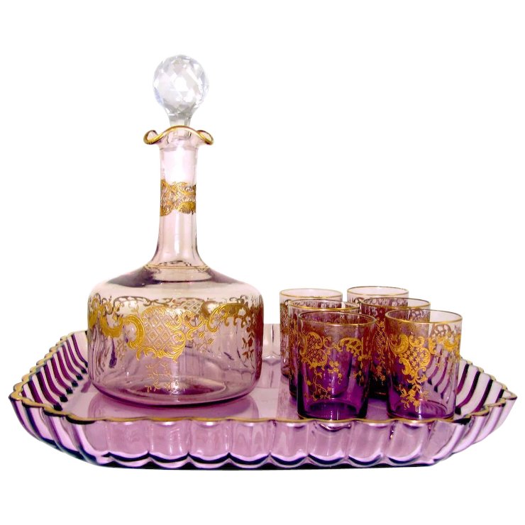 Antique French Saint Louis Crystal Rare Purple Color Gilded Liquor Set: Decanter, Cordial Glasses & Tray