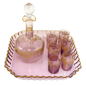 Antique French Saint Louis Crystal Rare Purple Color Gilded Liquor Set: Decanter, Cordial Glasses & Tray