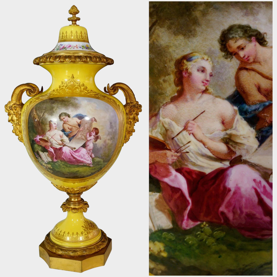 Antique French Sevres Style Porcelain Lidded Urn Satyr Figural Gilt Bronze Handles, Hand Painted Scene