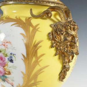 Antique French Sevres Style Porcelain Urn Satyr Bronze Handles, Hand Painted Gilt & Rococo Scene
