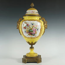 Load image into Gallery viewer, Antique French Sevres Style Porcelain Urn Satyr Bronze Handles, Hand Painted Gilt &amp; Rococo Scene
