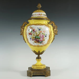 Antique French Sevres Style Porcelain Urn Satyr Bronze Handles, Hand Painted Gilt & Rococo Scene