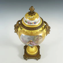 Load image into Gallery viewer, Antique French Sevres Style Porcelain Urn Satyr Bronze Handles, Hand Painted Gilt &amp; Rococo Scene
