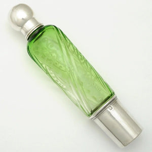 Antique French Sterling Silver & Green Cut Glass Flask