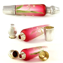 Load image into Gallery viewer, Antique French Sterling Silver Enamel &amp; Pink Glass Flask
