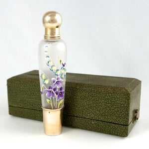 Antique French Sterling Silver Glass Flask in Box, Enamel Flowers