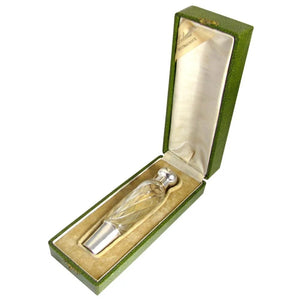 Antique French Sterling Silver Gilt Vermeil Cut Crystal Flask, Original Box