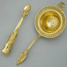 Load image into Gallery viewer, Antique French Sterling Silver Gold Vermeil Tea Service, Empire Motif, Sugar Tongs, Strainer, Teaspoon Set, Alphonse DEBAIN
