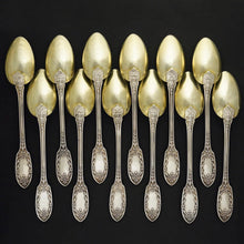Load image into Gallery viewer, Antique French Sterling Silver Gold Vermeil 13pc Tea Coffee Spoon Set, Sugar Tongs, Renaissance Mascarons
