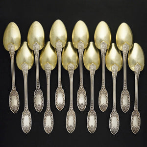Antique French Sterling Silver Gold Vermeil 13pc Tea Coffee Spoon Set, Sugar Tongs, Renaissance Mascarons