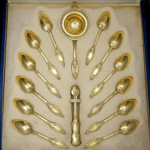 Antique French Sterling Silver Gold Vermeil Tea Service, Empire Motif, Sugar Tongs, Strainer, Teaspoon Set, Alphonse DEBAIN
