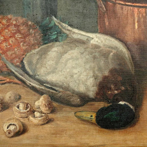 Antique French Still Life Oil Painting Food, Copper Pot, Duck & Pineapple, Nature Morte