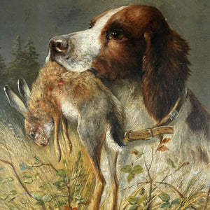 Antique German Hunting Scene Painting Moritz Müller (1841-1899) Spaniel Dog & Rabbit