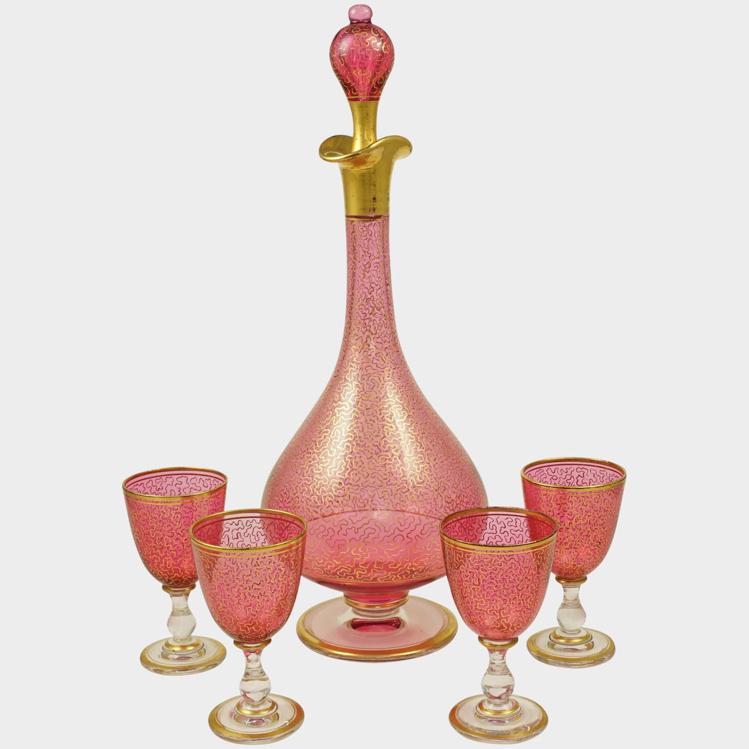 Antique Pink & Gold Gilt Glass Liquor Set Decanter Cordial Glasses Cups