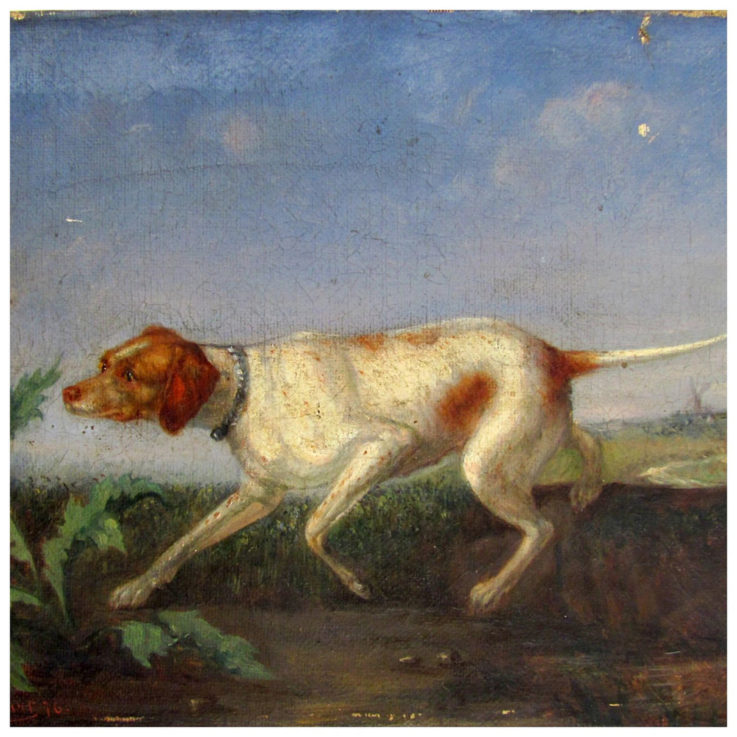 Antique Signed European Painting Hunting Dog & Thistle, Dated 1876