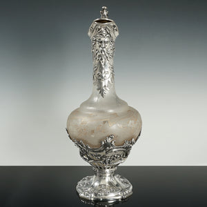 Puiforcat Antique French Sterling Silver Cameo Acid Etched Glass Claret Jug Ewer, Mascaron Face