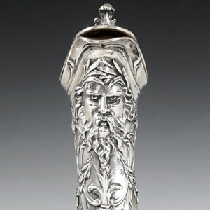 Puiforcat Antique French Sterling Silver Cameo Acid Etched Glass Claret Jug Ewer, Mascaron Face