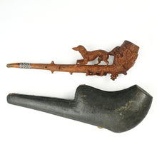 Load image into Gallery viewer, Antique Black Forest Hand Carved Wood Smoking Pipe, Hunting Dog Hound
