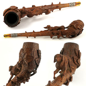 Antique Black Forest Hand Carved Wood Smoking Pipe, Hunting Dog Hound