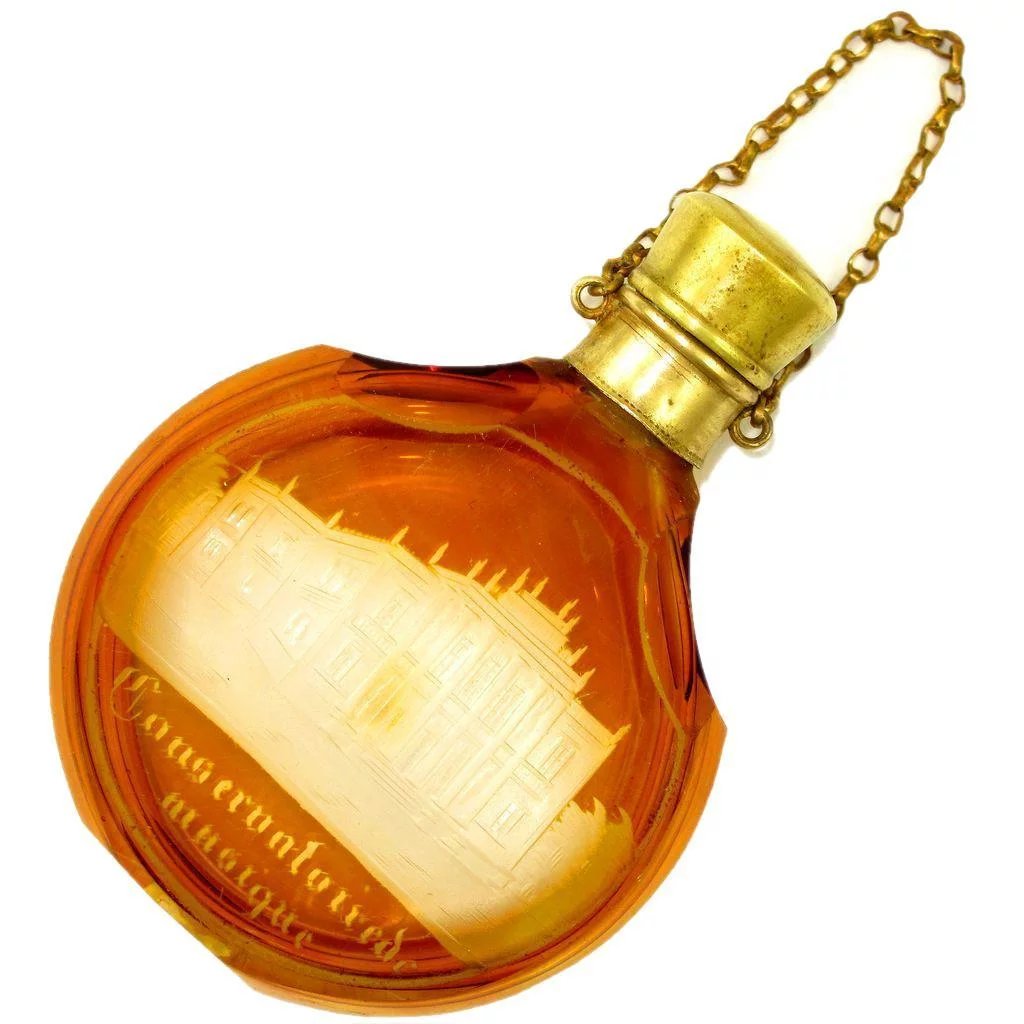 Antique Bohemian Glass Cut to Clear Engraved Perfume Bottle Chatelaine –  The Antique Boutique
