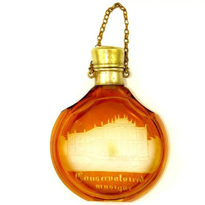 Antique Bohemian Glass Cut to Clear Engraved Perfume Bottle Chatelaine