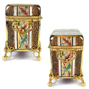 Antique Bohemian Moser Raised Enamel Gold & Silver Gilt Hand Painted Ruby Red Glass Sugar Casket / Jewelry Box