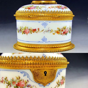Antique French enamel opaline glass jewelry box, gilt bronze ormolu