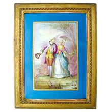 Load image into Gallery viewer, Antique French Hand Painted Porcelain Portrait Plaque Courting Couple, Celeste Blue, Deforge Carpentier Gilt Frame

