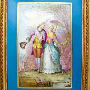 Antique French Hand Painted Porcelain Portrait Plaque Courting Couple, Celeste Blue, Deforge Carpentier Gilt Frame