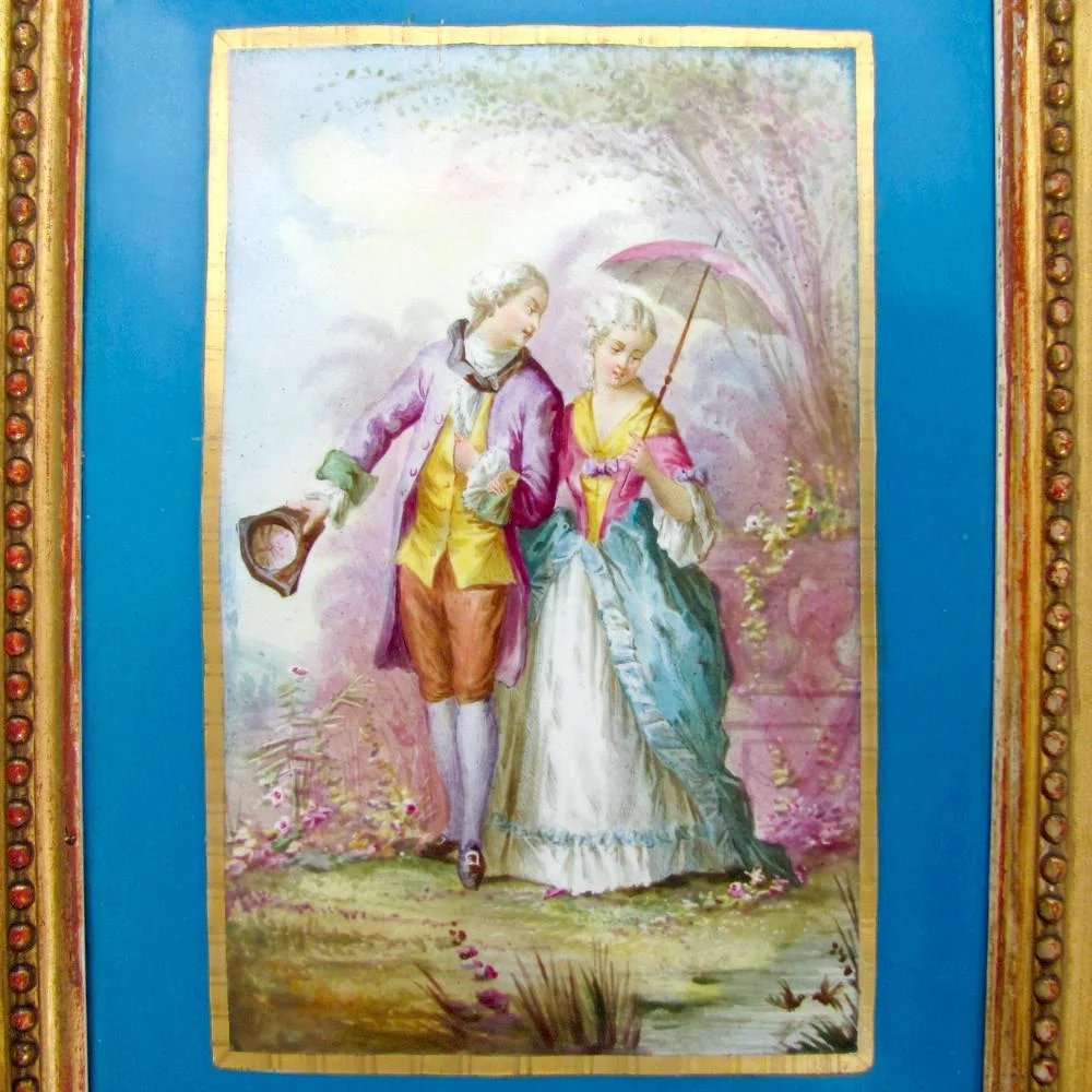 Antique French Hand Painted Porcelain Portrait Plaque Courting Couple, Celeste Blue, Deforge Carpentier Gilt Frame