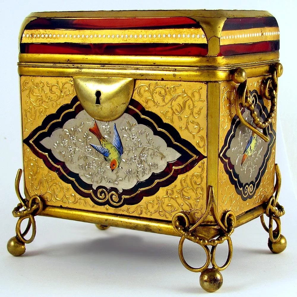 Antique Moser Gilt Enamel Ruby Glass Sugar Casket Jewelry Box, Birds