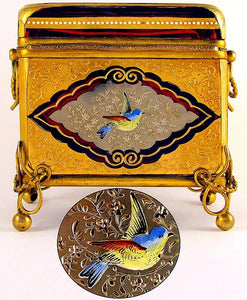 Antique Moser Gilt Enamel Ruby Glass Sugar Casket Jewelry Box, Birds