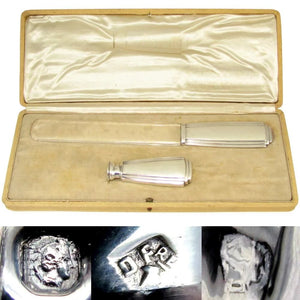 Art Deco French Sterling Silver & Cut Glass Writing Desk Set, Wax Seal Stamp & Paper Knife