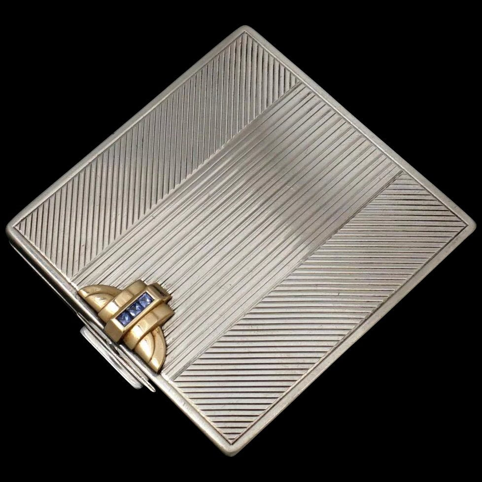 Art Deco Gorham Sterling Silver 14K Gold Sapphires Jeweled Compact Mirror