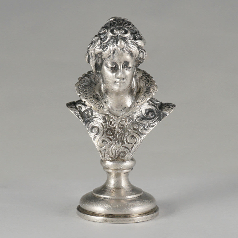 Antique Austrian Solid Silver Wax Seal, Austro-Hungarian Desk Stamp Renaissance Lady Bust Sculpture Figure